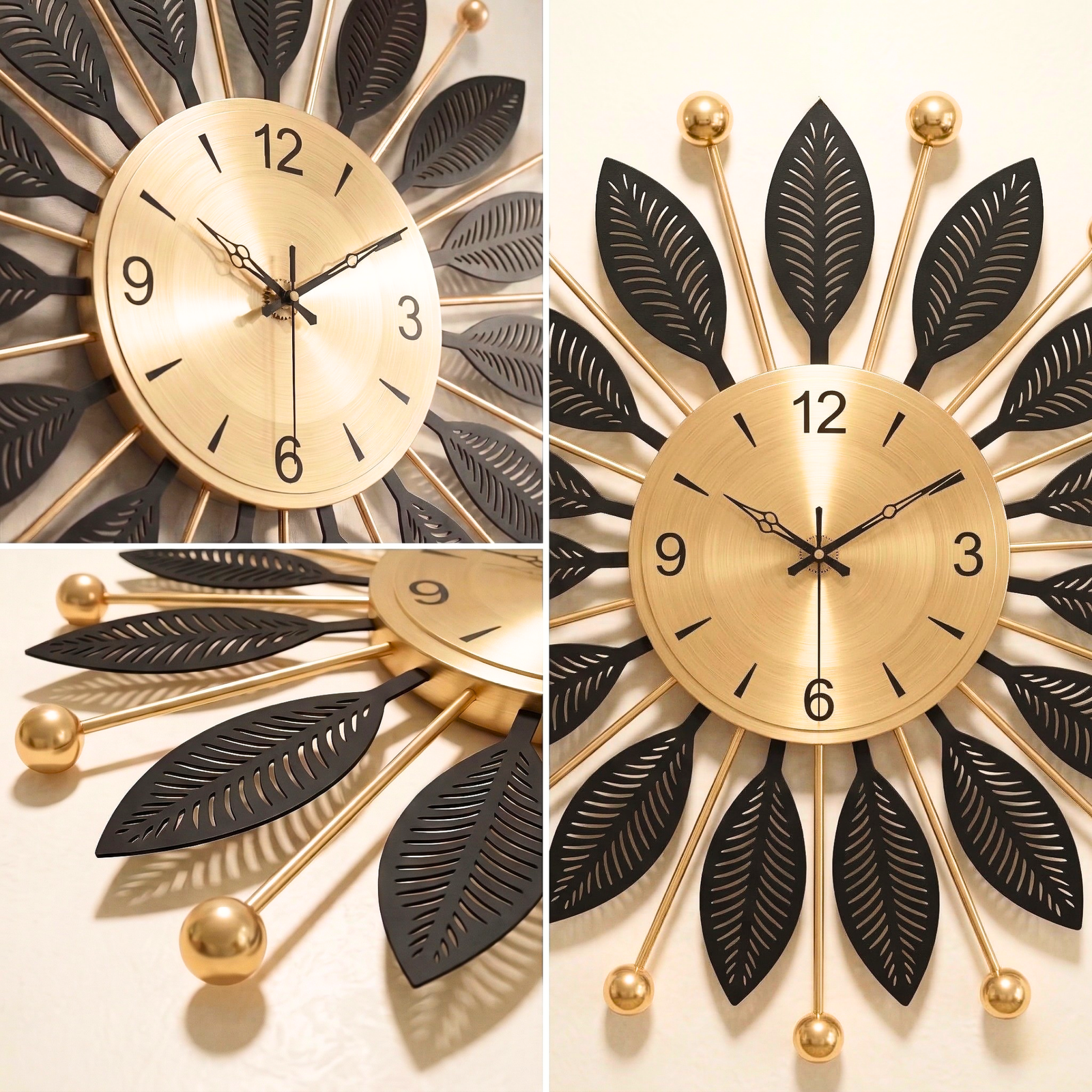 Luxury Black & Gold Metal Leaf Wall Clock – Modern Decorative Silent Wall Clock for Living Room & Bedroom - Image 6