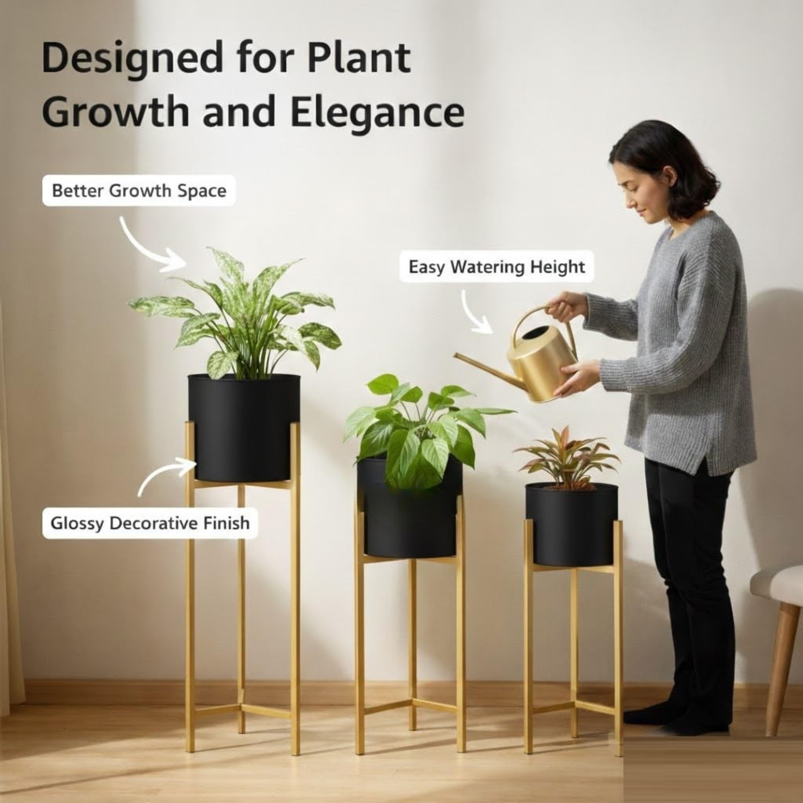 Modern Black & Gold Metal Plant Stand Set of 3 – Elegant Indoor Planter Stands for Living Room & Home Décor - Image 3