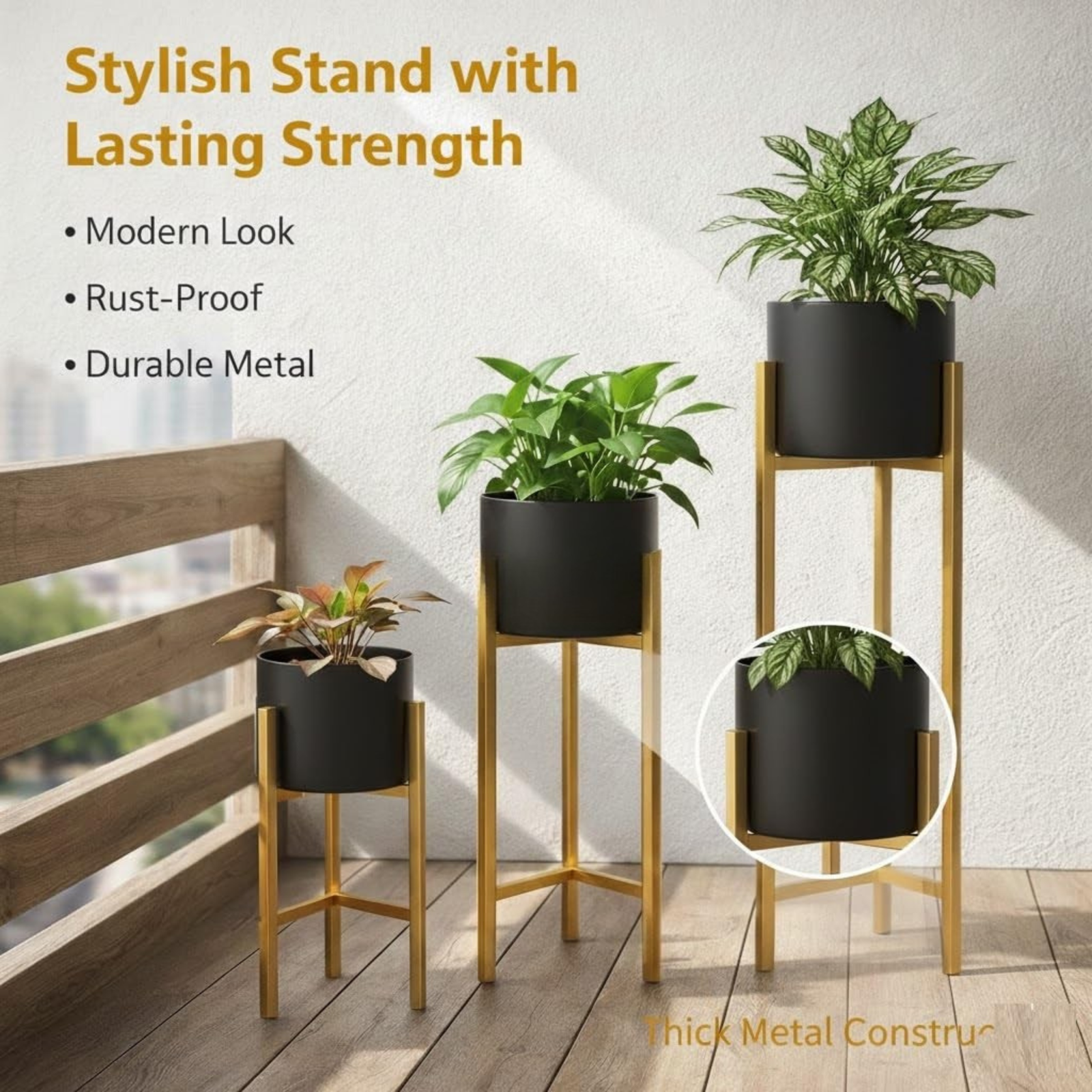Modern Black & Gold Metal Plant Stand Set of 3 – Elegant Indoor Planter Stands for Living Room & Home Décor - Image 2