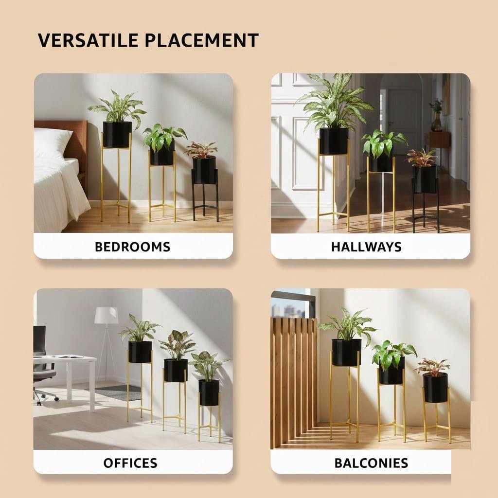 Modern Black & Gold Metal Plant Stand Set of 3 – Elegant Indoor Planter Stands for Living Room & Home Décor - Image 6